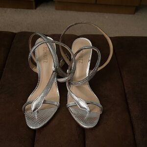 SCHUTZ Metallic Silver Strappy Heels